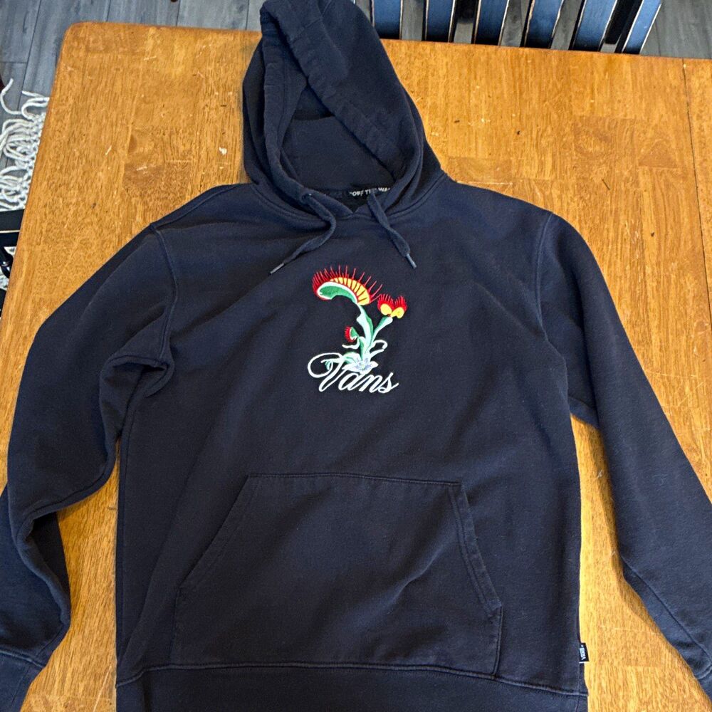Vans Small Black Pullover Hoodie Floral Embroidered Logo Sweatshirt 2022